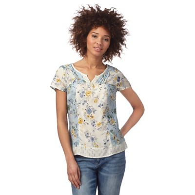 Cream and light blue floral print top